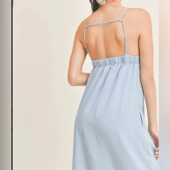 SAGE The label Chambray Blue Sleeveless Maxi Dress Pockets Spaghetti Straps - Picture 3 of 16